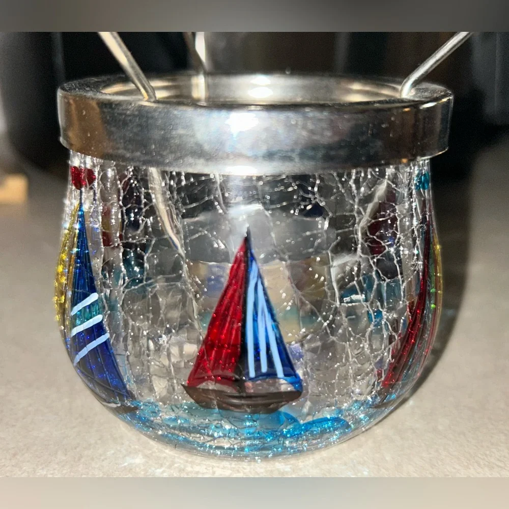 Nautical Sailboat Ocean Coastal Water Themed Crackle Glass 3-Pc Wax Warmer Set - Picture 2 of 6